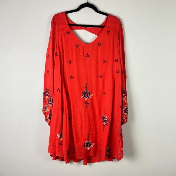 Free People Oxford Embroidered Floral Shift Mini Dress Red Combo Small - Picture 1 of 10